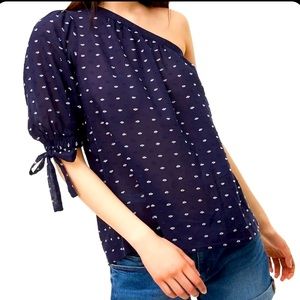 Ann Taylor LOFT NWT Size L Navy Blue One Shoulder Cotton Top
